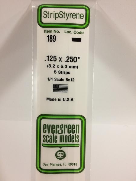 Evergreen Scale Models 189 - .125" X .250" Strip Styrene - 5 Pieces