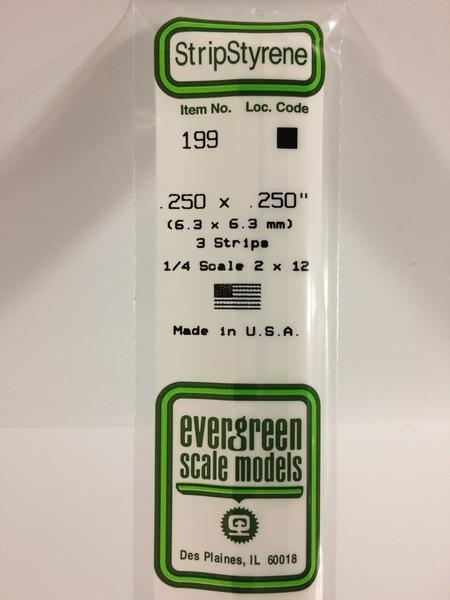 Evergreen Scale Models 199 - .250" X .250" Strip Styrene - 3 Pieces