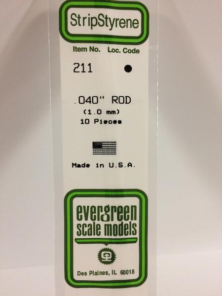 Evergreen Scale Models 211 - .040" Diameter Styrene Rod - 10 pieces