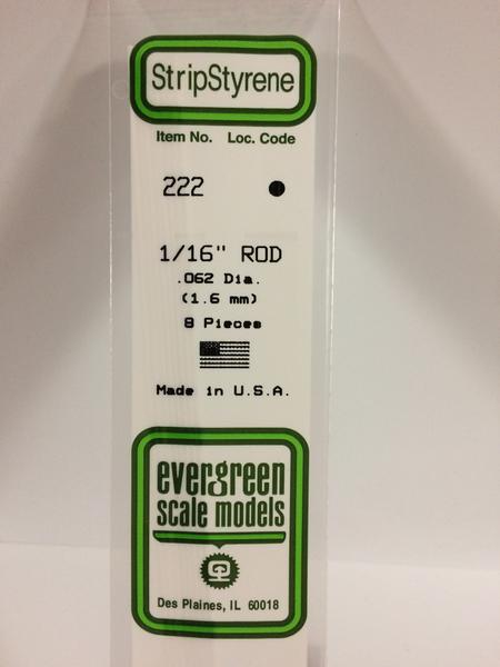 Evergreen Scale Models 222 - .062" Diameter Styrene Rod - 8 pieces
