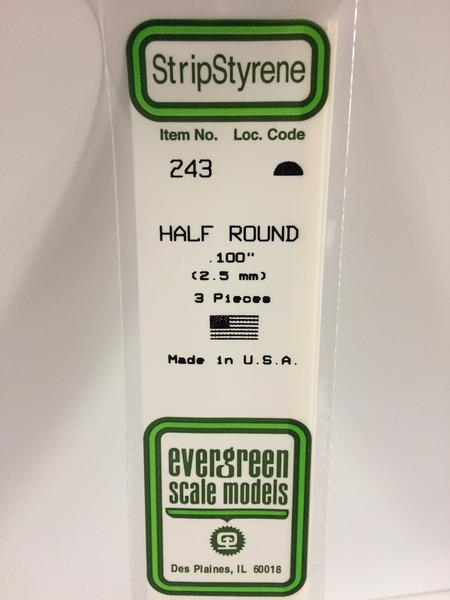 Evergreen Scale Models 243 - .100" Styrene Half Round - 3 pieces