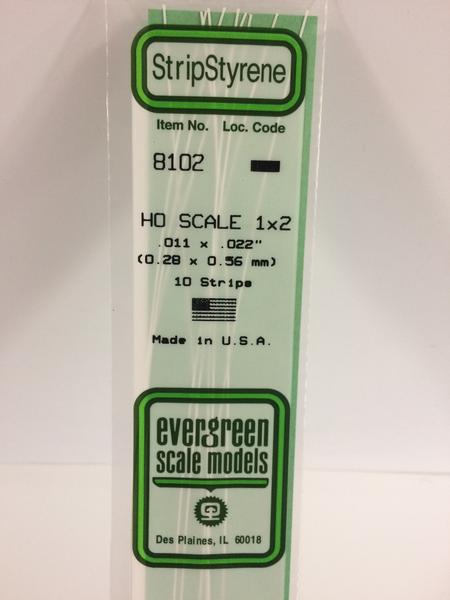 Evergreen Scale Models HO 8102 - .011" X .022" HO Scale 1X2 Strip Styrene - 10 Pieces