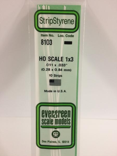 Evergreen Scale Models HO 8103 - .011” X .033” HO Scale 1X3 Strips – 10 Pieces