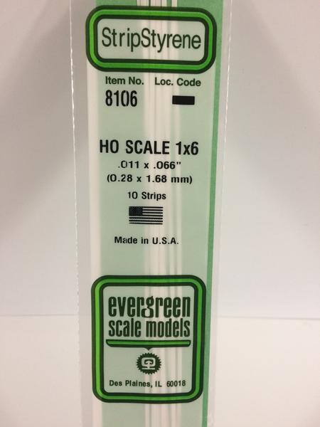 Evergreen Scale Models HO 8106 - .011” X .066” HO Scale 1X6 Strips – 10 Pieces