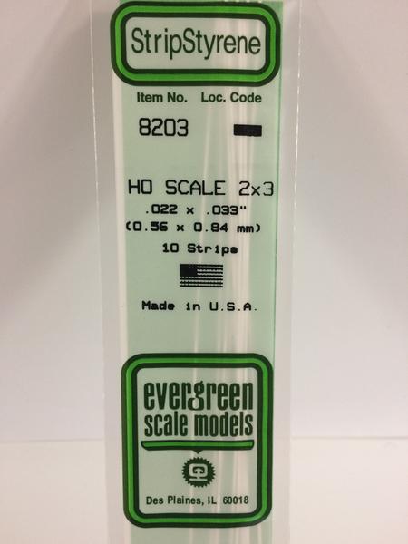 Evergreen Scale Models HO 8203 - .022” X .033” HO Scale 2X3 Strips – 10 Pieces