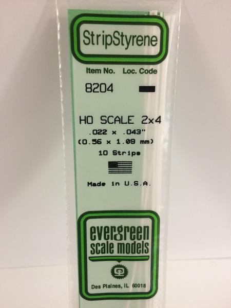 Evergreen Scale Models HO 8204 - .022” X .043” HO Scale 2X4 Strips – 10 Pieces