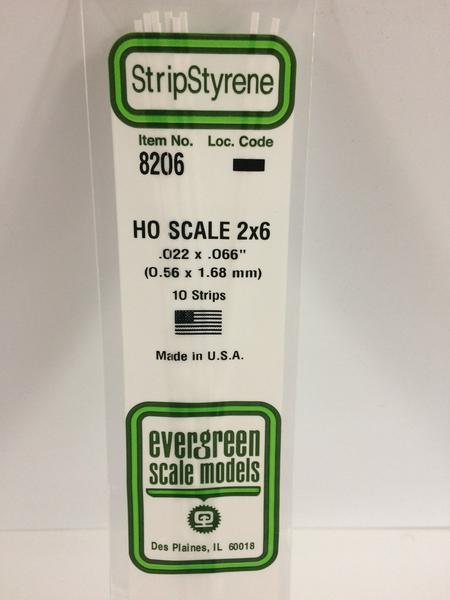 Evergreen Scale Models HO 8206 - .022” X .066” HO Scale 2X6 Strips – 10 Pieces