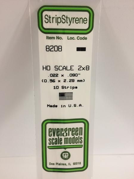 Evergreen Scale Models HO 8208 - .022” X .090” HO Scale 2X8 Strips – 10 Pieces