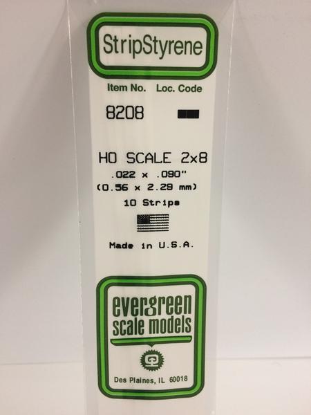 Evergreen Scale Models HO 8208 - .022" X .090" HO Scale 2X8 Strips - 10 Pieces