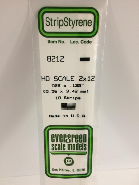 Evergreen Scale Models HO 8212 - .022” X .135” HO Scale 2X12 Strips – 10 Pieces