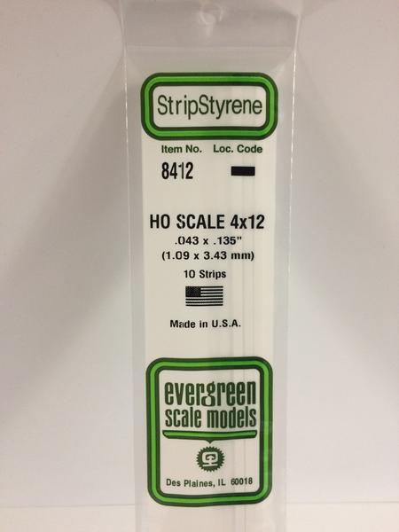 Evergreen Scale Models HO 8412 - .043” X .135” HO Scale 4X12 Strips – 10 Pieces