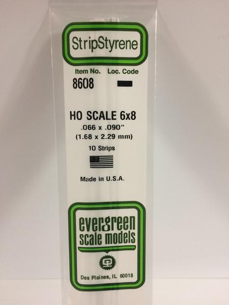 Evergreen Scale Models HO 8608 - .066” X .090” HO Scale 6X8 Strips – 10 Pieces