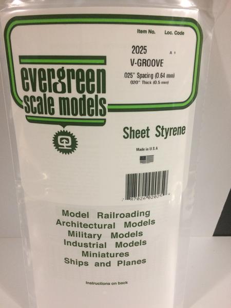 Evergreen Scale Models 2025 - .020" Thick .025" Groove Spacing Opaque White Polystyrene V-Groove Siding - 1 Piece