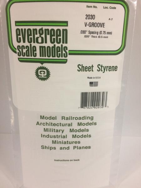 Evergreen Scale Models 2030 - .020" Thick .030" Groove Spacing Opaque White Polystyrene V-Groove Siding - 1 Piece