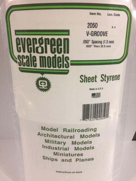 Evergreen Scale Models 2050 - .020" Thick .050" Groove Spacing Opaque White Polystyrene V-Groove Siding - 1 Piece