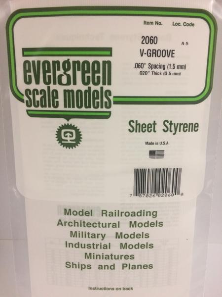 Evergreen Scale Models 2060 - .020" Thick .060" Groove Spacing Opaque White Polystyrene V-Groove Siding - 1 Piece