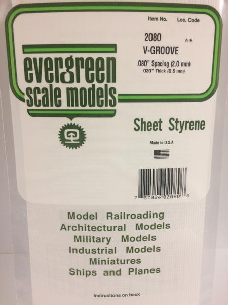 Evergreen Scale Models 2080 - .020" Thick .080" Groove Spacing Opaque White Polystyrene V-Groove Siding - 1 Piece