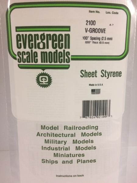 Evergreen Scale Models 2100 - .020" Thick .100" Groove Spacing Opaque White Polystyrene V-Groove Siding - 1 Piece