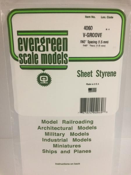 Evergreen Scale Models 4060 - .040” Thick .060" Groove Spacing Opaque White Polystyrene V-Groove Siding - 1 Piece