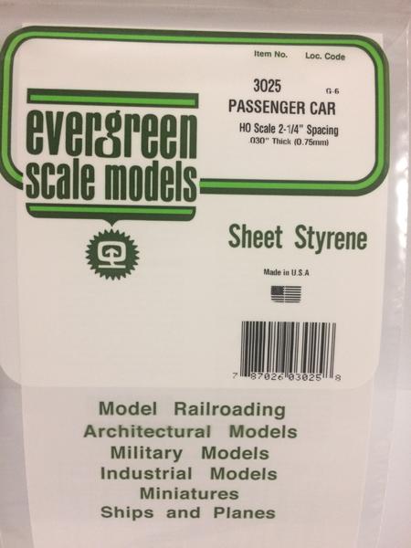 Evergreen Scale Models HO 3025 - .030" Thick .025" Groove Spacing Opaque White Polystyrene HO Scale Passenger Car Siding - 1 Piece