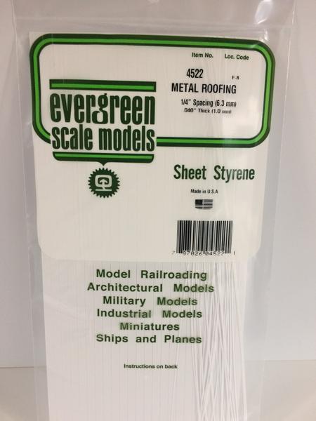 Evergreen Scale Models 4522 - .040” Thick .250" Spacing Opaque White Polystyrene Standing Seam Roofing - 1 Piece