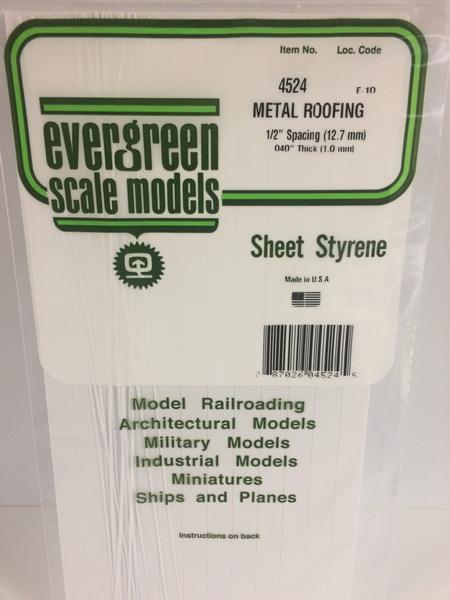 Evergreen Scale Models 4524 - .040” Thick .500" Spacing Opaque White Polystyrene Standing Seam Roofing - 1 Piece