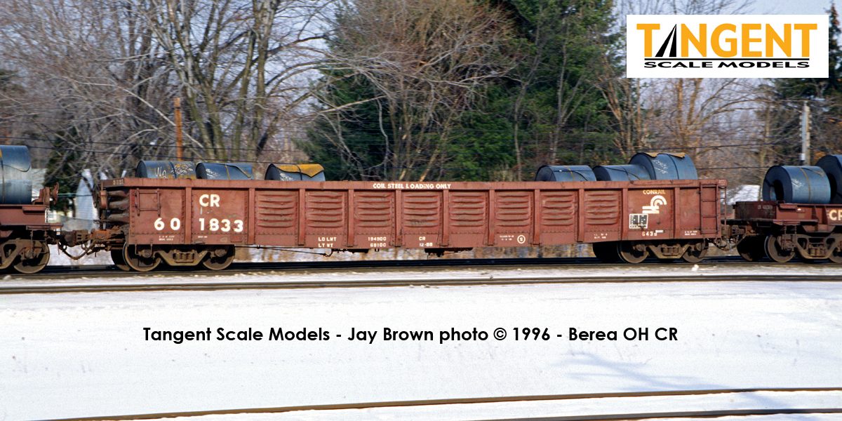 Tangent Scale Models HO 17015-02 PRR/PC Shops G43 Class 52’6” Corrugated Side Gondola Conrail ‘1988 G43B Coil Service’ CR #601805 with Coil Racks