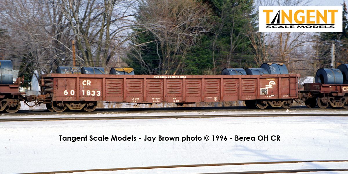 Tangent Scale Models HO 17015-06 PRR/PC Shops G43 Class 52'6" Corrugated Side Gondola Conrail '1988 G43B Coil Service' CR #601842 with Coil Racks