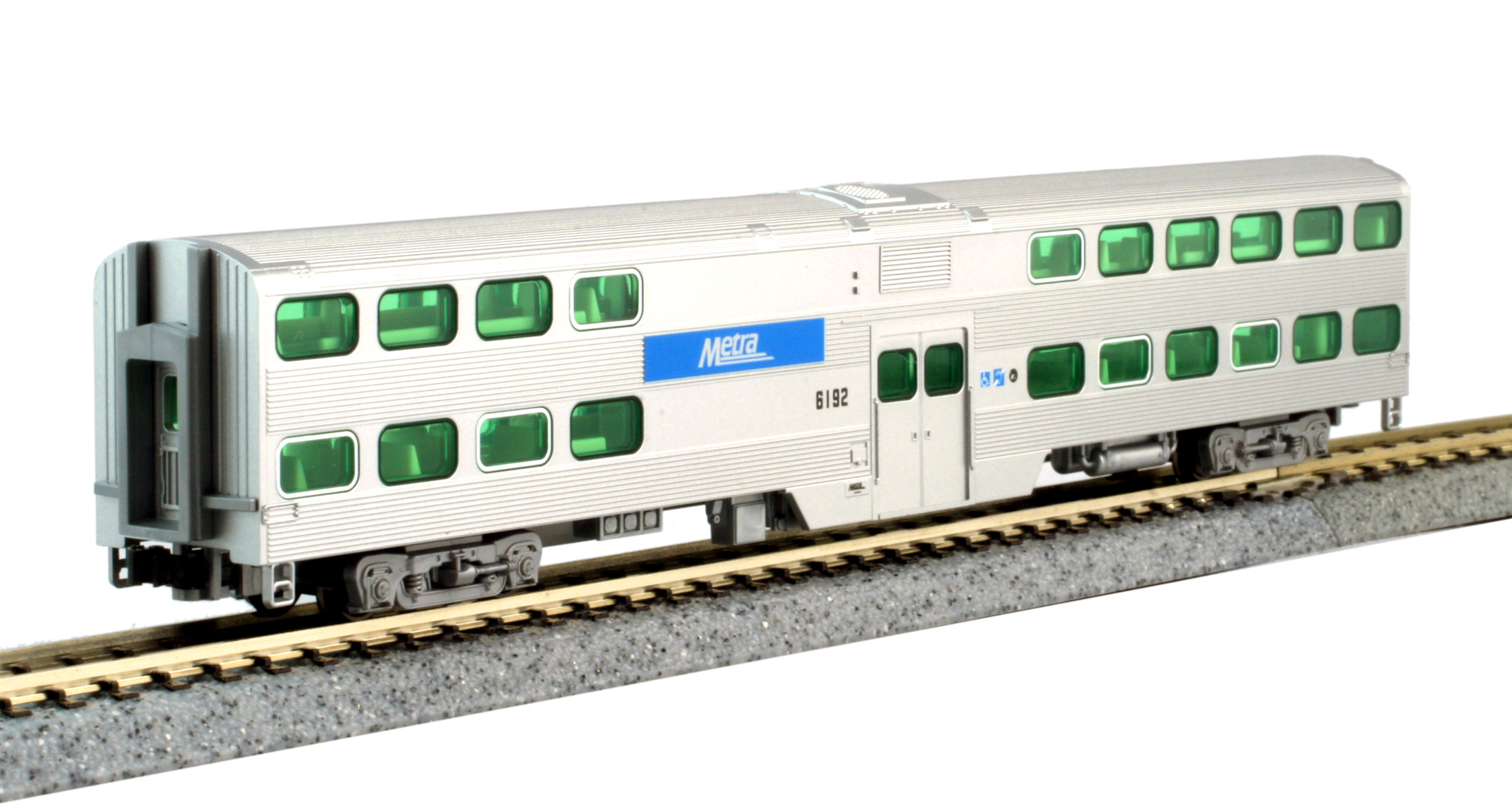 Kato N 106-8701-LS-DMW Chicago METRA MP36PH with DCC/ESU LokSound V5 and Lighted METRA Bi-Level Commuter Train 4 Piece Set