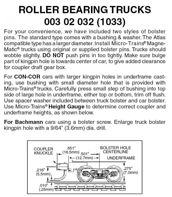 Micro Trains Line N 00302032 (1033) Roller Bearing Trucks with Medium Extension Couplers - 1 Pair