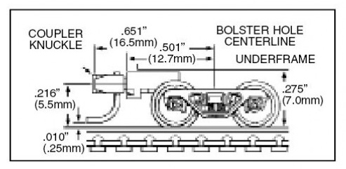Micro Trains Line N 00302032 (1033) Roller Bearing Trucks with Medium Extension Couplers - 1 Pair