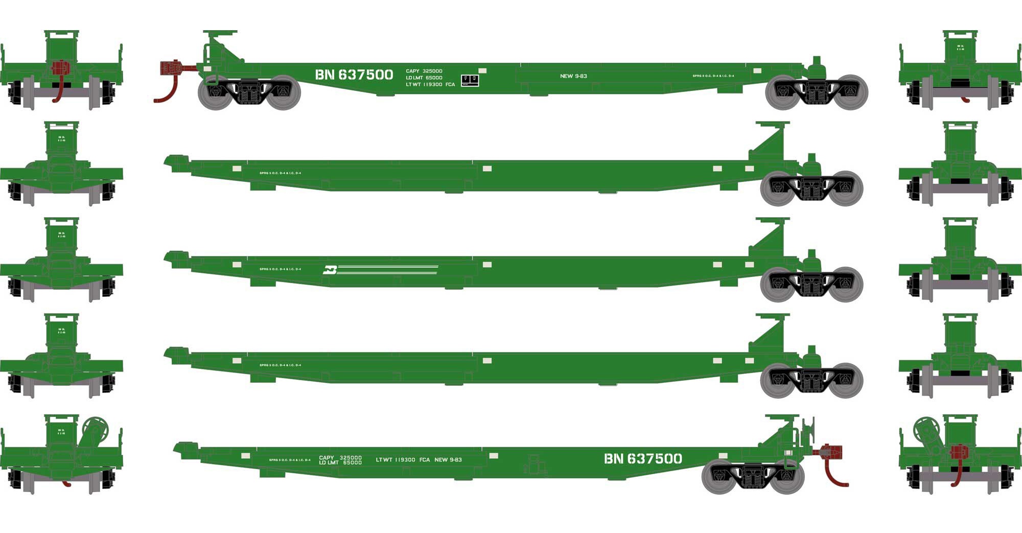 Athearn RTR HO ATH15660 IMPACK Spine Car Burlington Northern BN #637500 5-Pack