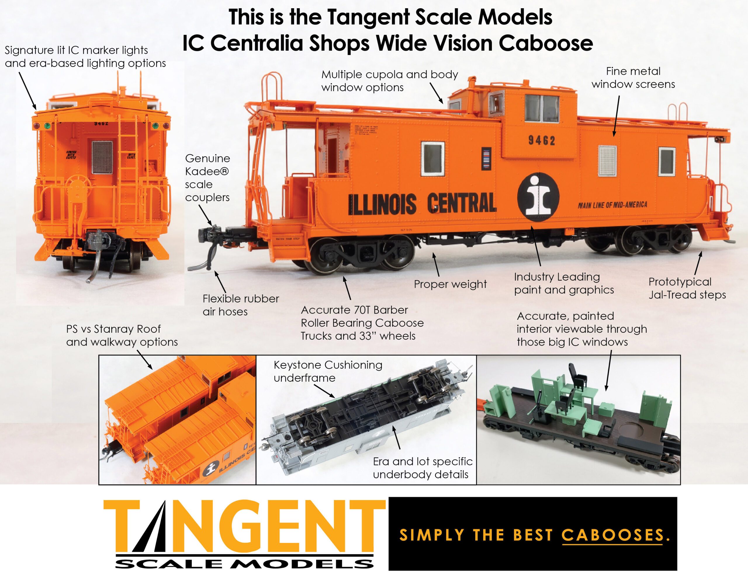 Tangent Scale Models HO 60210-07 IC Centralia Shops Steel Wide-Vision Caboose Illinois Central 'Original Orange Split Rail 1970' IC #9477