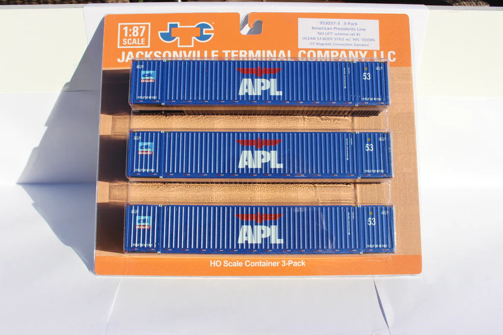 Jacksonville Terminal Company HO 953037 53' Ocean Corrugated Side Container APL 'Large logo No Lift' set #1 3-Pack