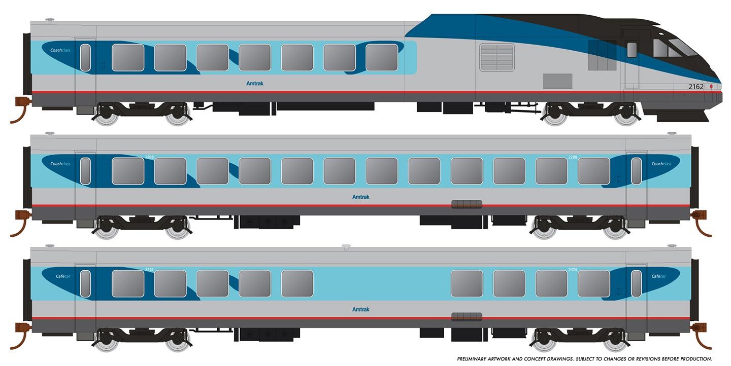 Rapido Trains Inc HO 25005 DCC Ready Rohr Turbotrain RTL Turboliner Amtrak 'Phase V Scheme' - 5-Unit Train