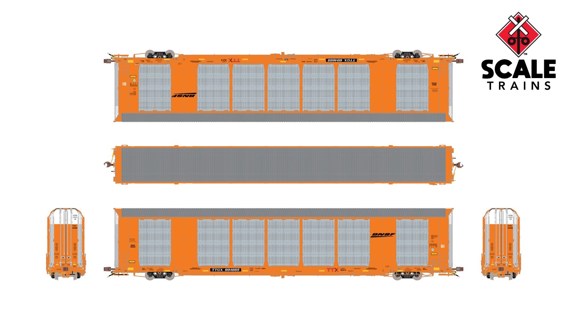 ScaleTrains Rivet Counter HO SXT38863 Gunderson Multi-Max Autorack BNSF Orange Black Logo TTGX #694665