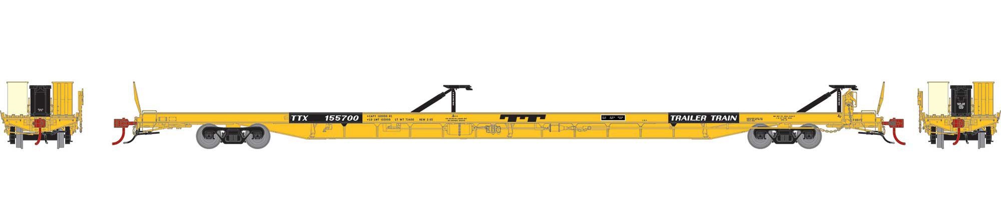 Athearn Genesis HO ATHG69598 F89-F 89’8” TOFC Flat Car Trailer Train Yellow TTX #155700