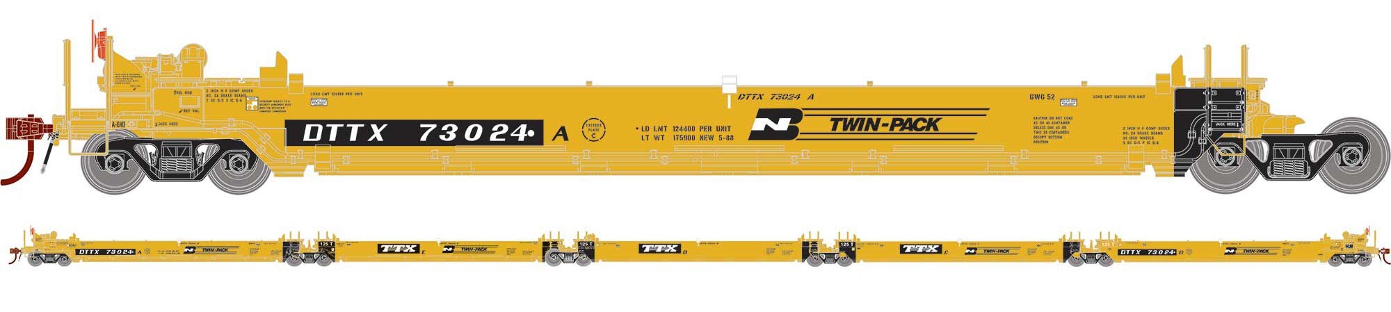 Athearn RTR HO ATH98920 Maxi I Articulated Well Cars 5-unit 'BN Twin-Pack' DTTX #73024