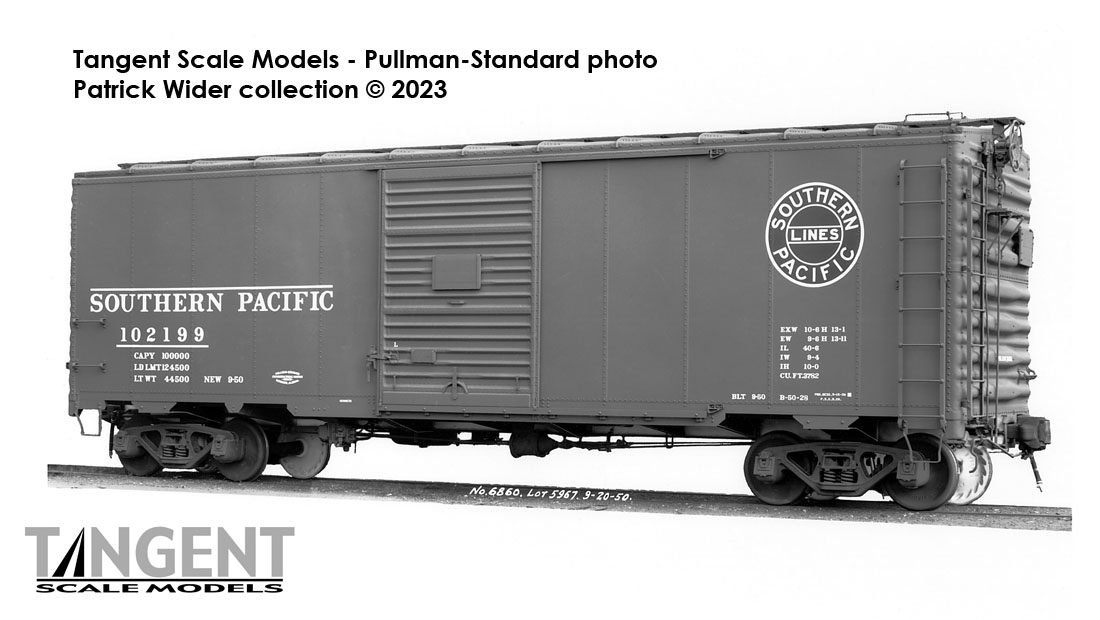 Tangent Scale Models HO 23120-08 Pullman-Standard Southern Pacific Lines Postwar 40’6” Box Car w/ 7′ Door Southern Pacific Brown B-50-28 'Delivery 1950+' SP #102297