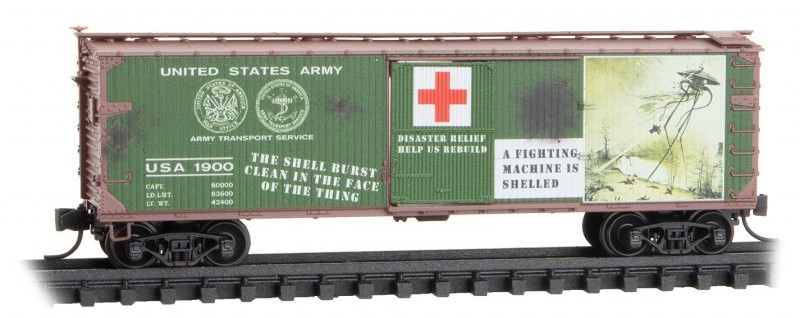 Micro Trains Line N 039 00 274 40' Double-Sheathed Wood Boxcar w/Vertical Brake Wheel 'War of the Worlds' Car #6 USA #1900