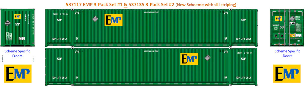 Jacksonville Terminal Company N 537117 53' High Cube Corrugated Side Containers EMP - UP 'sill striping' Set #1 - 3-Pack