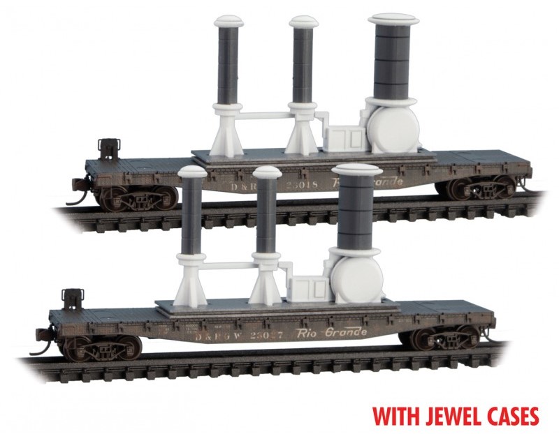 Micro Trains Line N 983 02 232 50' Fishbelly-Side Flatcar Weathered w/Power Insulator Denver & Rio Grande Western 2-Pack - Jewel Cases