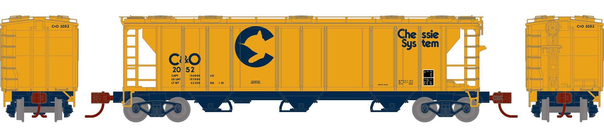 Athearn N ATH28346 PS-2 2893 3-Bay Covered Hopper Chessie System C&O #2052