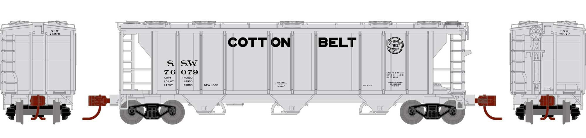 Athearn N ATH28361 PS-2 2893 3-Bay Covered Hopper Cotton Belt SSW #76079