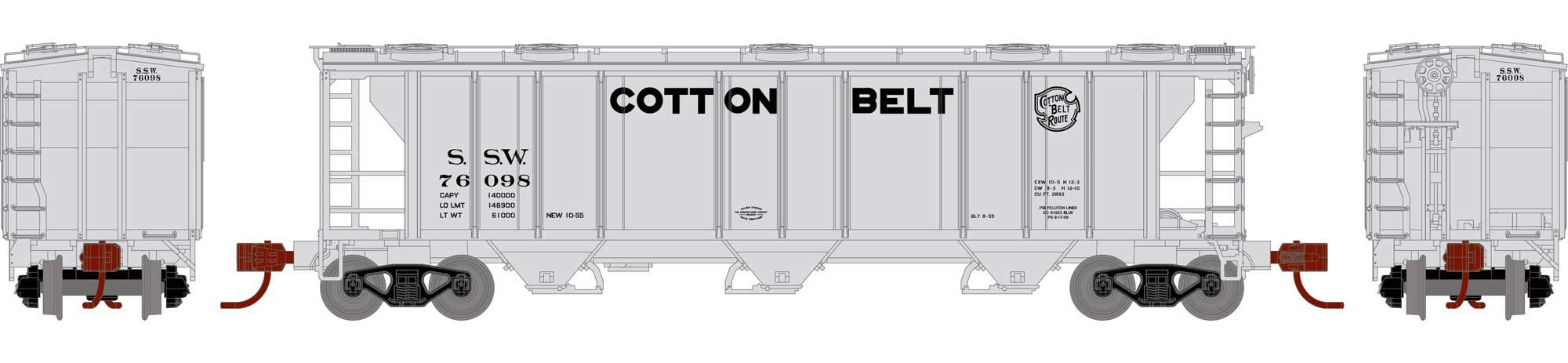 Athearn N ATH28362 PS-2 2893 3-Bay Covered Hopper Cotton Belt SSW #76098