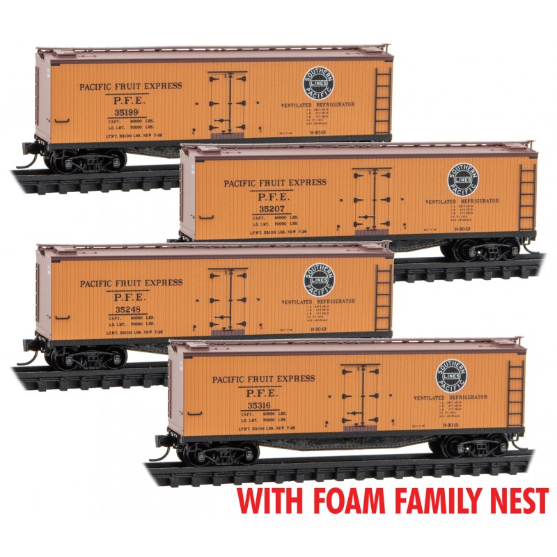 Micro Trains Line N 993 00 219 40' Wood Reefer w/Vertical Brake Wheel Pacific Fruit Express 4-Pack - Foam Nest