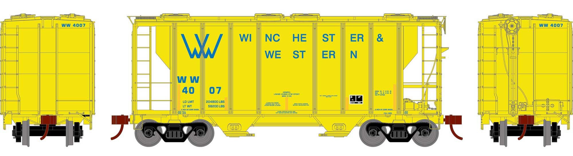 Athearn HO ATH63822 PS-2 2600 Covered Hopper Winchester & Western WW #4007