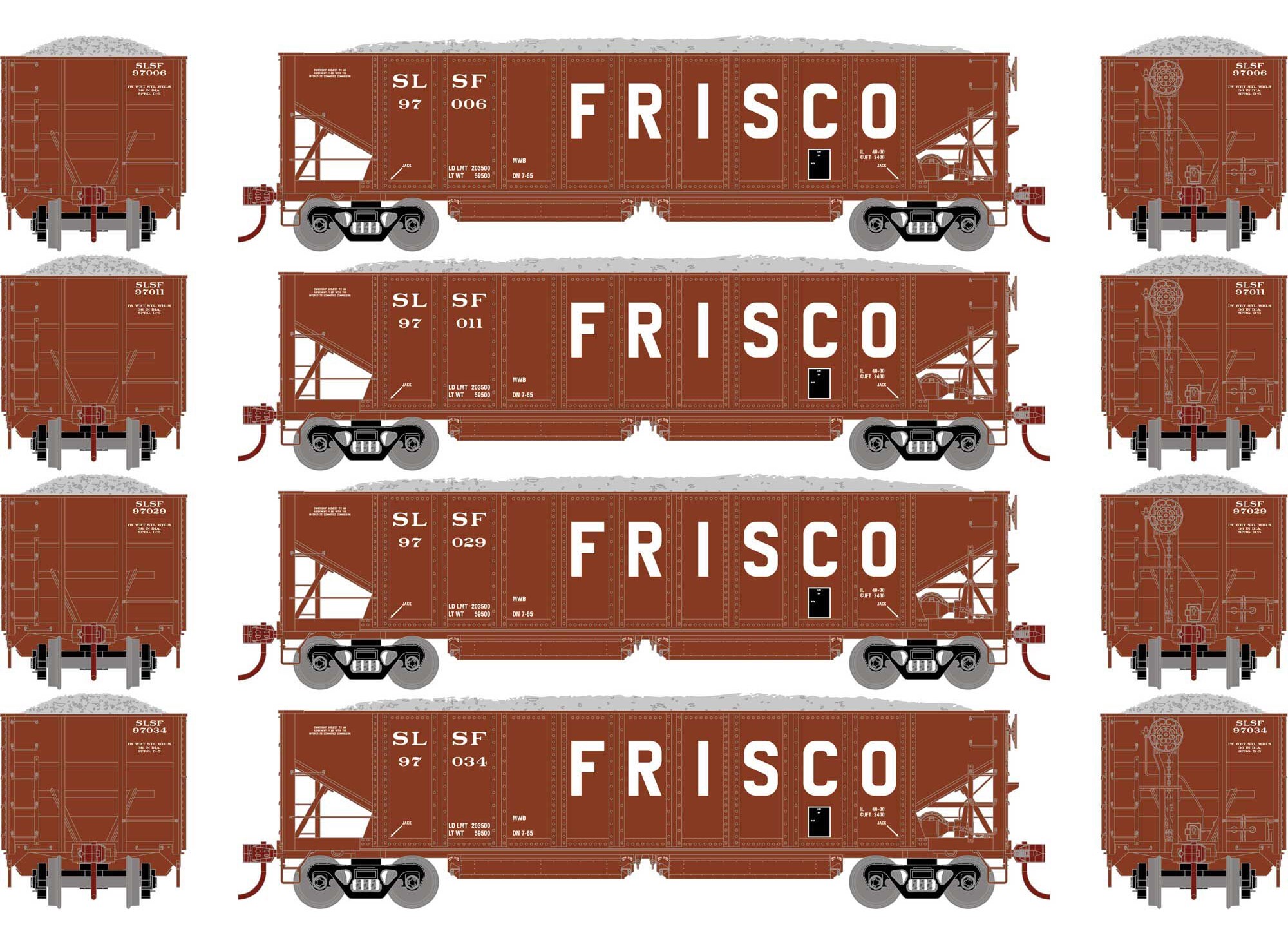 Athearn HO ATH7637 40' Ribbed 3-Bay Ballast Hopper FRISCO SLSF - 4-Pack #1