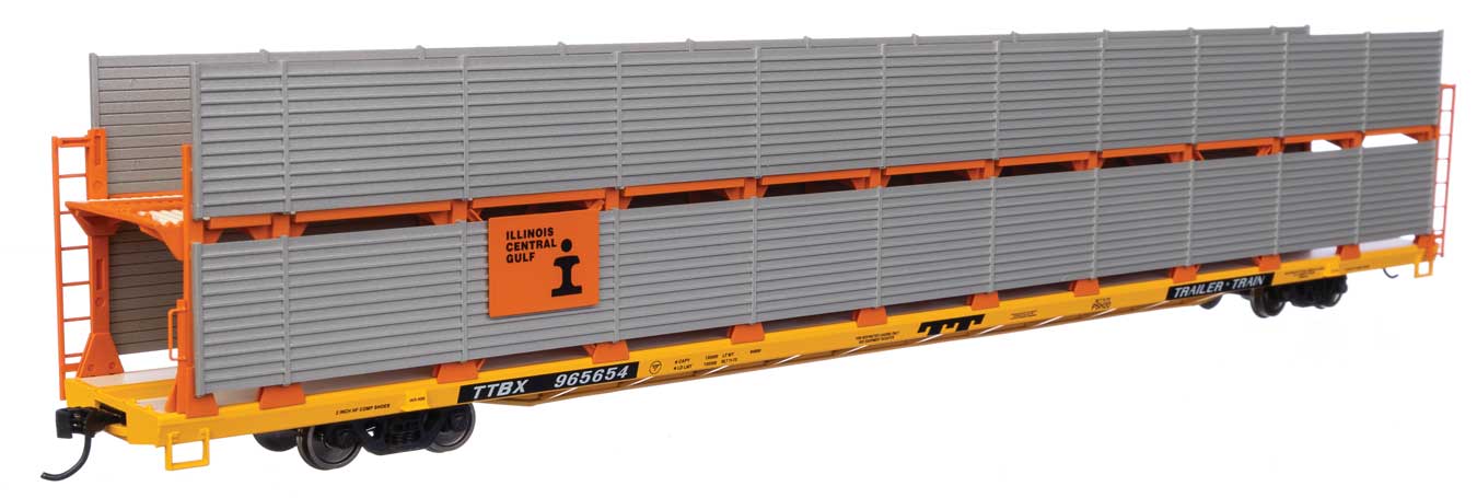 Walthers Mainline HO 910-8116 89' Flatcar w/Bi-Level Shielded Auto Rack Illinois Central Gulf Rack / Trailer-Train Flatcar TTBX #965654