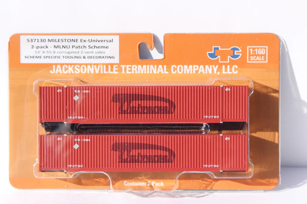 Jacksonville Terminal Company N 537130 53' High Cube Corrugated Side Containers Milestone ex-Universal MLNU patch - 2-Pack 